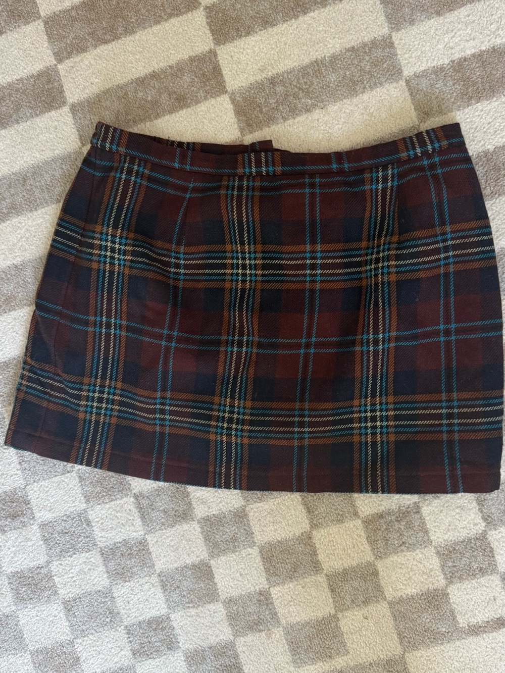 Requirements Burgundy Plaid Mini Skirt with Teal and Tan Accents